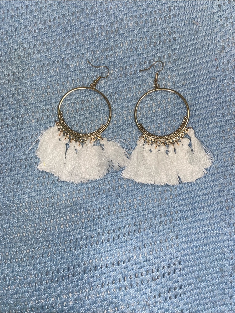 Artisan Gold Hoop Earrings with White Tassels